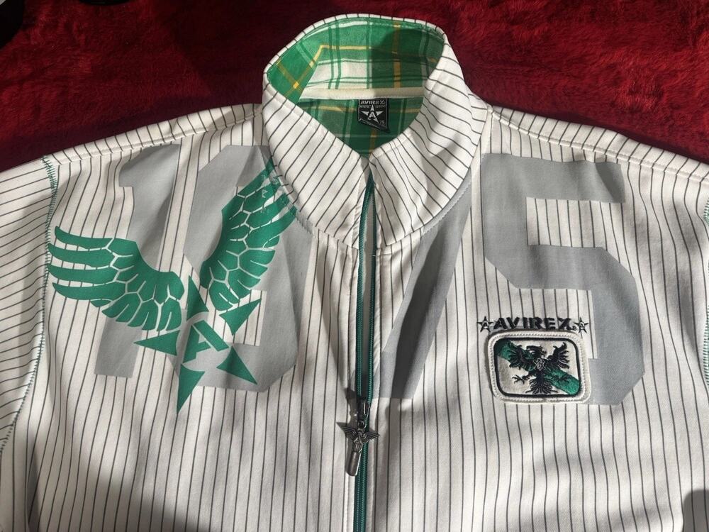 Avirex Full Zip Track Jacket Mens 2XL White Pinstripe Green Graphic Y2K